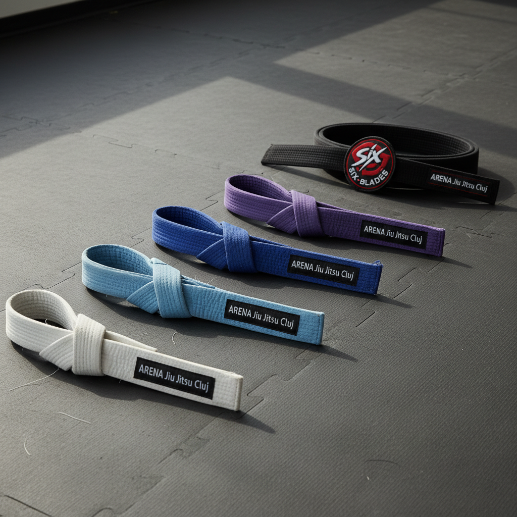 A set of Brazilian Jiu-Jitsu belts laid out in a precise diagonal line across dark gray tatami mats, ranging from white to blue and purple, each belt showing subtle signs of use through faint creases and softened edges. A small Arena Jiu Jitsu Cluj label is stitched at the end of each belt, while a Six Blades Jiu-Jitsu patch appears on a clean black belt placed at the top of the sequence. Soft side lighting from an unseen window casts elongated, gentle shadows, accentuating the belt textures and stitching. Shot from a slightly elevated perspective with the belts obeying the rule of thirds, the image feels aspirational, symbolizing progression and dedication. The aesthetic is minimalist, clean, and highly professional, with crisp photographic realism.