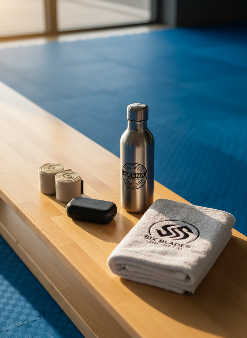 An arrangement of Brazilian Jiu-Jitsu training accessories on a smooth wooden bench beside blue tatami mats in a bright Cluj academy. A pair of neatly coiled hand wraps, a black mouthguard case, a stainless steel water bottle with the Arena Jiu Jitsu Cluj logo, and a folded white towel with a subtle embroidered Six Blades Jiu-Jitsu symbol are carefully placed with space between them. Natural light from a nearby large window falls across the bench, creating warm highlights on the metal bottle and soft shadows from each object. The tatami mat edge appears blurred in the background, hinting at the training area. Captured from a slightly elevated angle with shallow depth of field, the scene feels orderly, health-focused, and ready for practice, in clean, professional photographic realism.