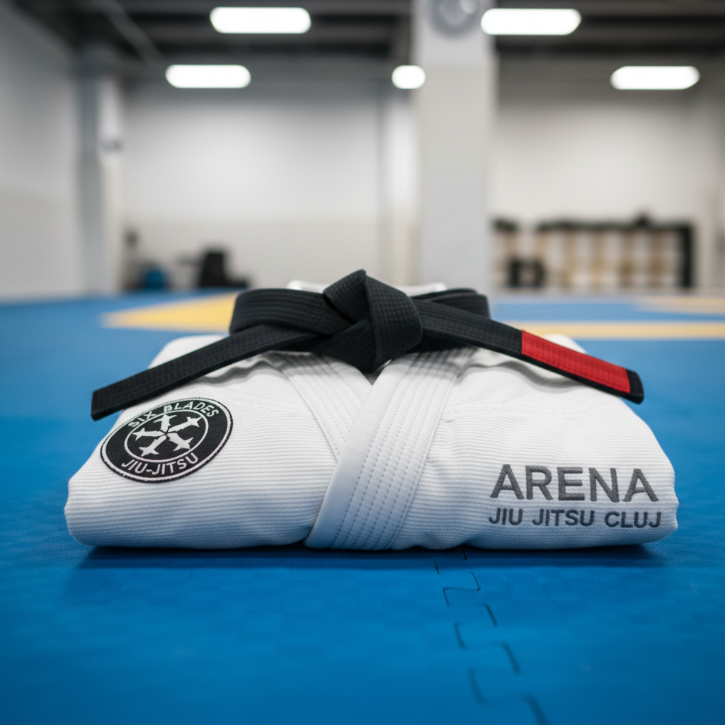 A close-up, photographic realism shot of a neatly folded Brazilian Jiu-Jitsu gi resting on pristine blue tatami mats. The gi is crisp white cotton with a slightly textured weave, reinforced stitching, and a carefully tied dark belt positioned on top. On the sleeve, a small, tasteful patch shows the Six Blades Jiu-Jitsu affiliation, while a subtle embroidered reference to Arena Jiu Jitsu Cluj appears near the hem. Soft, diffused overhead lighting creates gentle highlights on the fabric folds and faint shadows underneath, emphasizing quality and care. The background is lightly blurred, hinting at a bright, orderly training hall. Captured from a slightly elevated angle with shallow depth of field, the mood is professional, respectful, and focused on tradition and detail.
