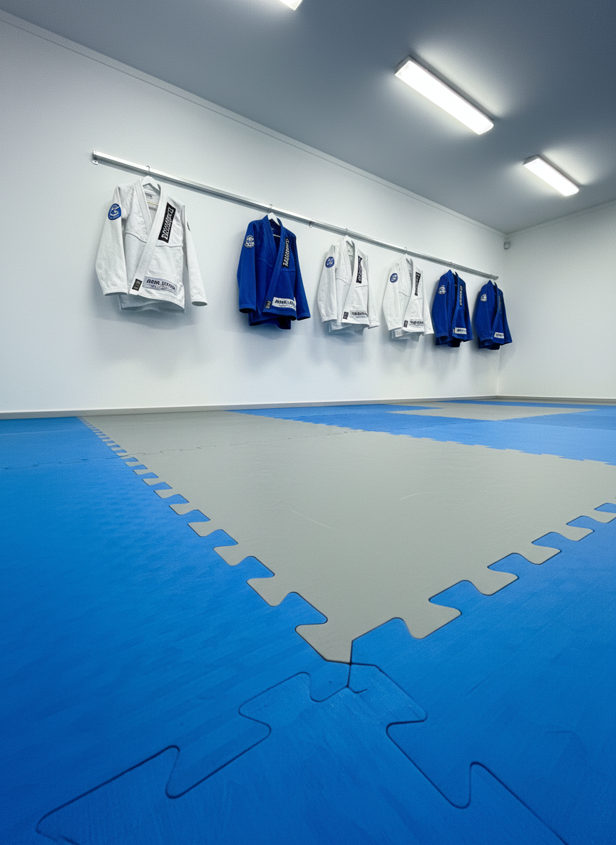 A detailed close-up of a Brazilian Jiu-Jitsu tatami mat corner in a Cluj training hall, focusing on the junction of blue and gray interlocking mats with clearly visible texture and seams. Along the nearby white wall, a vertical rack holds a row of carefully hung, personless white and blue gis, each with matching Arena Jiu Jitsu Cluj tags and a single Six Blades Jiu-Jitsu patch on the shoulder. Overhead fluorescent lights provide even, neutral illumination, creating soft, clear shadows along the wall and mat edges. Shot from a low angle near the mat surface, the composition emphasizes cleanliness, structure, and readiness for training. The photographic realism style highlights every fiber and surface, conveying a hygienic, disciplined environment ideal for beginners and intermediates.