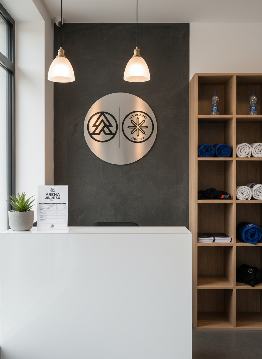 A modern martial arts reception corner in Cluj designed for a Brazilian Jiu-Jitsu academy, without any people present. A sleek white desk with smooth matte finish supports a small potted plant and neatly stacked registration forms labeled Arena Jiu Jitsu Cluj. Behind, a wall features a refined combination of the academy’s logo and the Six Blades Jiu-Jitsu emblem on a brushed metal plaque. To the side, neatly organized cubby shelves hold rolled white and blue gis and training gear. Warm, soft pendant lighting combined with natural daylight from a nearby window creates a welcoming, professional glow and subtle reflections on the plaque. Captured at eye level with balanced composition and moderate depth of field, the mood is trustworthy, organized, and health-oriented, matching a high-standard sports facility.